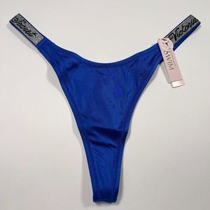 Victoria Secret Medium M Thong Bikini Bottom Swim Shine Strap LOGO Bling Blue